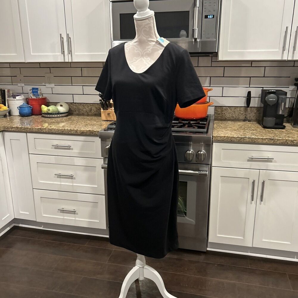 Boden Women Madison Ponte Dress Knee Length Black  Sz 12 V Neck Shirred NWT